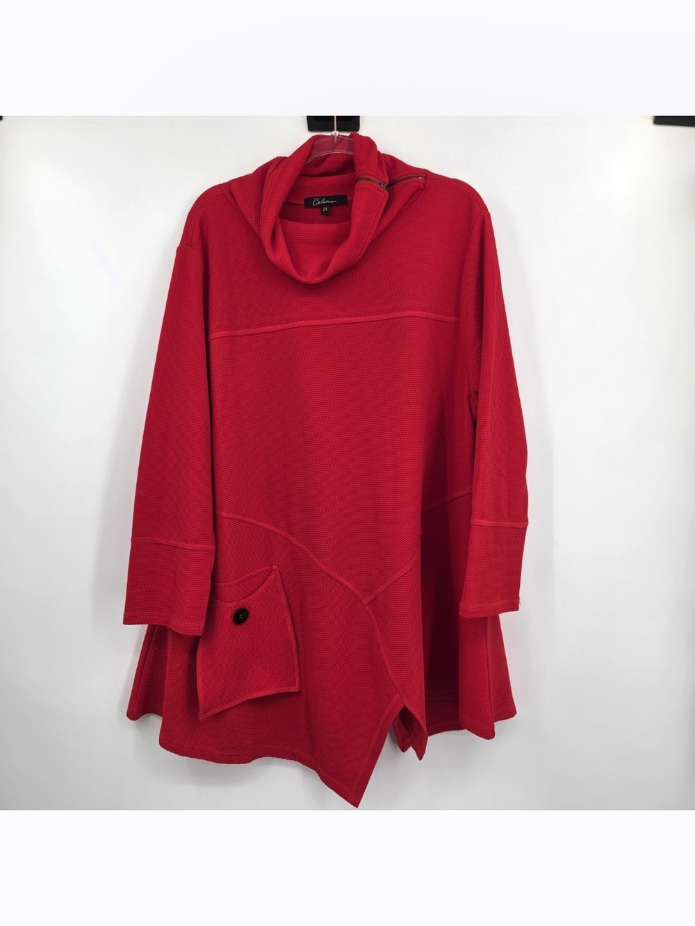 Calessa Cowl Neck Tunic Top 2X Red Long Sleeve Waffle Knit Zipper Detail